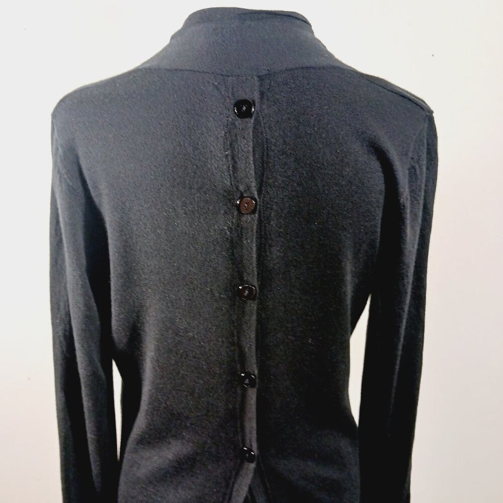 Forte Black Merino Wool & Silk Blend Button Back Open Long Sleeve Cardigan, MED - Picture 5 of 14